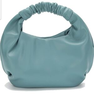 The Drop Addison Soft Faux Leather Ruched Top Handle Bag. Dusty Blue